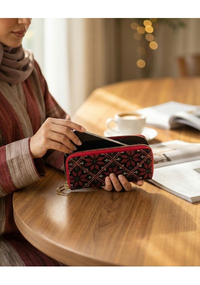 Zaytoon Filistin Geleneksel Renkli Kırmızı Nakışlı Çift Fermuarlı Kadın Büyük Cüzdeni 20x10 Cm A100027 Kirmizi
