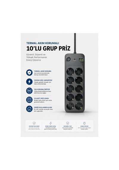Termal Akım Korumalı Usb Type-c Girişli 10'lu Grup Priz 2500w Güç Kapasitesi Kopya Renkli 2 - 5 M