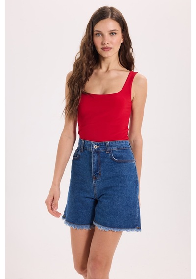 Tudors Kadın Slim Fit Dar Kesim Askılı Kare Yaka Sırtı Açık Sandy Kumaş Çıtçıtlı Bordo Body-51250
