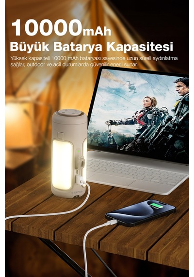 10.000 Mah Led Kamp Lambalı Powerbank Taşınabilir Aydınlatma Ve Hızlı Şarj Destekli Bej
