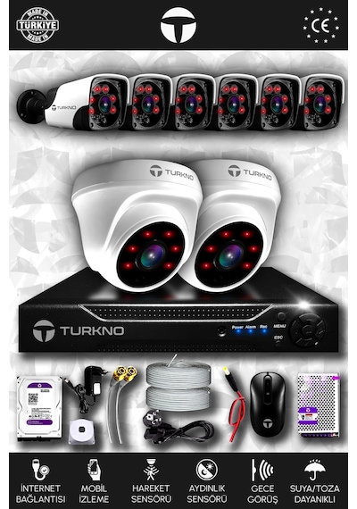 Turkno 8 Kameralı Pania 2 İç Kamera Set 1 TB HDD Full HD Gece Görüşlü Güvenlik Kamerası Sistemi