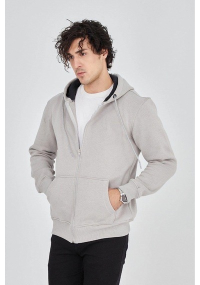 Erkek 3 İplik Pamuklu Fermuarlı Kapüşonlu Kanguru Cepli Hoodie Hırka Sweatshirt - Boyalı Gri