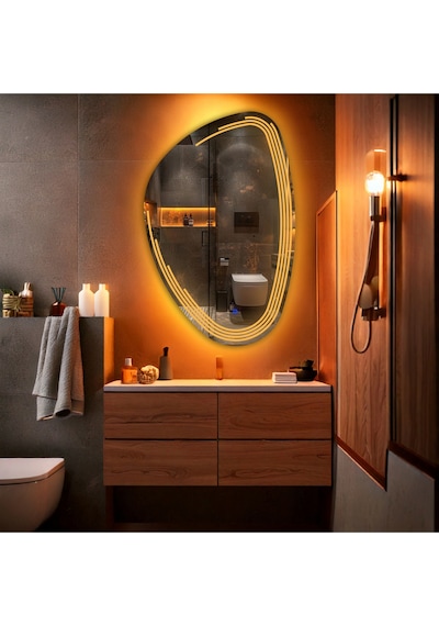 Fractura Asimetrik Led'li Kumlamalı Lavabo & Banyo Aynası Dokunmatik Sensörlü 90 X 60 Turuncu
