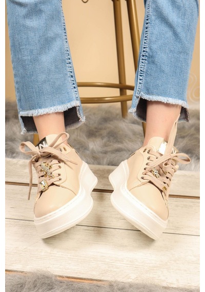 Taş Aksesuarlı Sneakers Krem-Krem