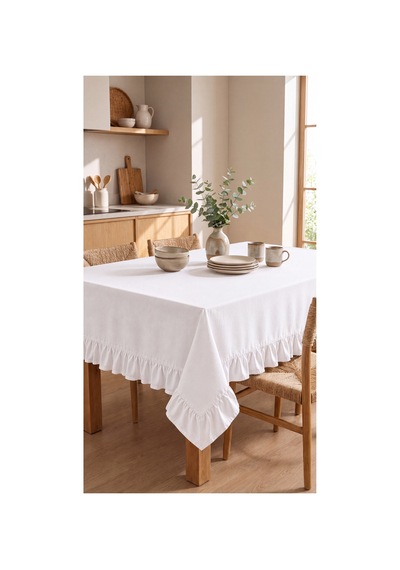 Fırfırlı Ranforce Kumaş Masa Örtüsü Beyaz - 719735433 Beyaz