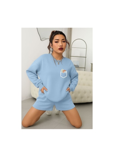 Benroma 3 İplik Penye Papatya Baskılı Unisex Sweatshırt Bebe Mavisi