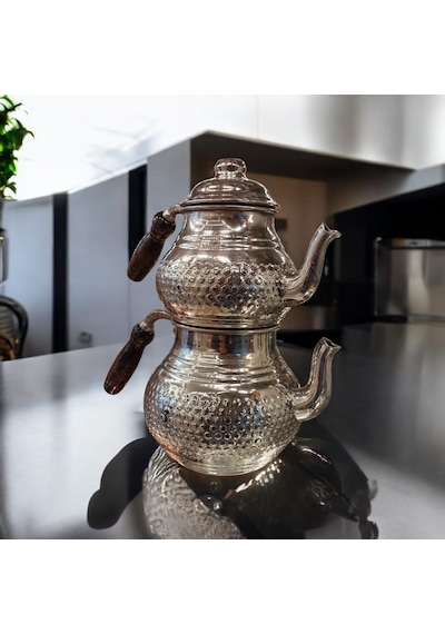 Bakır Çaydanlık & Bakır Demlik El Yapımı Zımba Desenli Gümüş Renk Gümüş