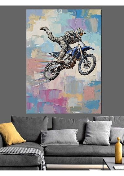 Ahşap Tablo Havada Uçan Motokros Motoru
