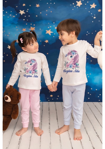 Pia Baby İsimli Kız Çocuk Pijama Takımı %100 Pamuk Penye İsme Özel Baskılı Kişiselleştirilebilir Pijama Seti 20285s14pi Krem