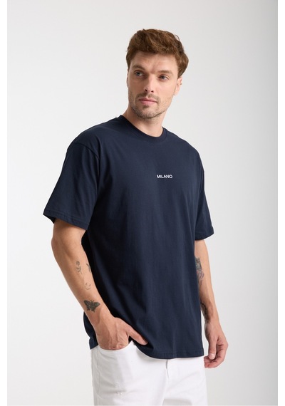 Erkek Milano Nakış Yazılı Oversize Bisiklet Yaka T-shirt Lacivert
