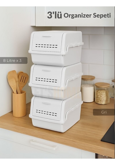 3'lü Set Organizer Erzak Kutusu Bpa Free Saklama Kutusu Soğanlık Sebzelik Sepet Gri 8 Lt X 3 Gri