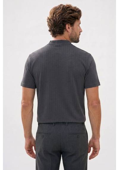 Tudors Erkek Slim Fit Dar Kesim Pamuklu Kısa Kollu Çizgili Antrasit Polo V Yaka Tişört-51129
