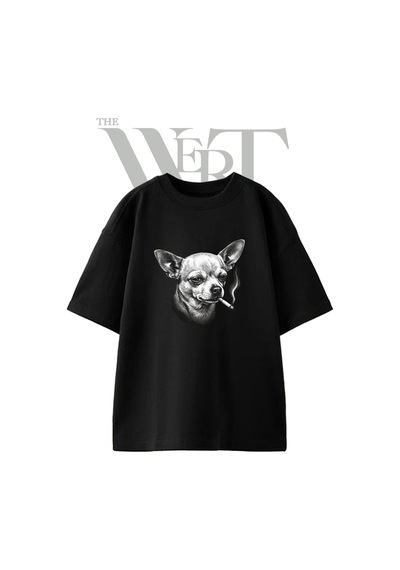Thewert Chihuahua Smoking Tasarım Baskılı Ünisex Siyah Oversize T-shirt