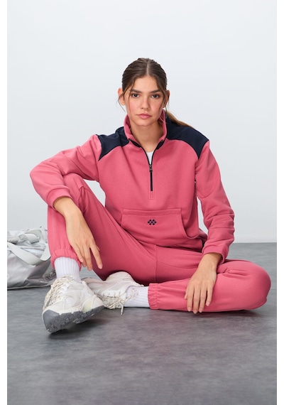 Tommy Life Yaban Gülü Kompakt Pamuklu Kalın Pürüzsüz Dokulu Dik Yaka Oversize Fit Kadın Eşofman Takım - 95342 Turuncu