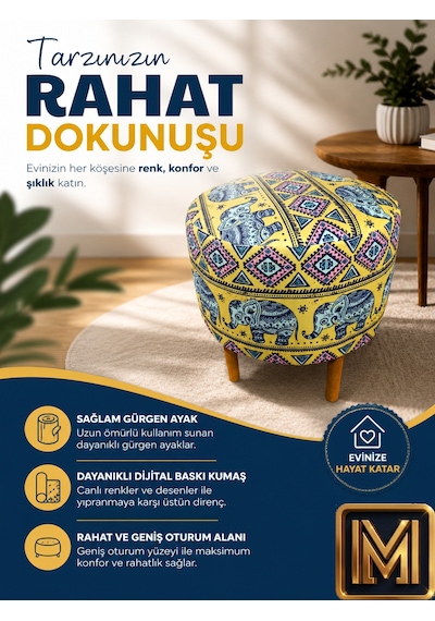 Diday Fil 2 Puf F Trend Puf Koltuk Puff Bench Dekoratif Bohem Doğal Gürgen Ayak Amaçlı Bahçe Balkon Çok Renkli