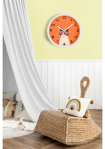 Kedi Tasarım Modern Duvar Saati - Çocuk Odası Duvar Saati - 42cm - Önü Camlı Beyaz Kasa Beyaz