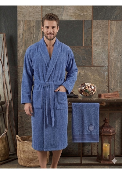 Premium 2'li Aile Bornoz Seti Çeyizlik Pamuklu Hediyelik Banyo Takımı S/m Lacivert