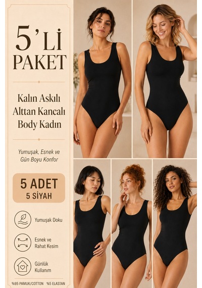 Loule Kadın 5'li %95 Pamuklu Geniş Askılı Alttan Kancalı Body Siyah