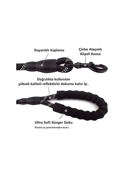 Modaliz Reflektörlü Köpek Gezdirme İpi Siyah 130 CM Siyah