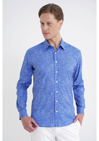 Slim Fit Klapa Yaka Esnek Pamuklu Koyu Mavi Çizgili Gömlek G 1599