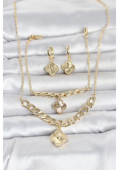 Gold Renk Pirinç Kolye Bileklik Ve Küpe Seti 5886 Çok Renkli