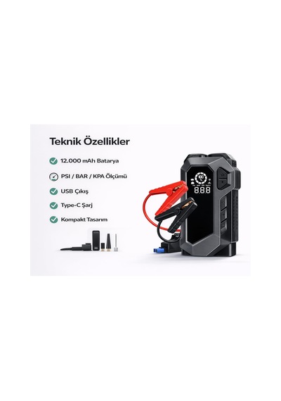Tr Q18 Jump Starter 12000 Mah Çok Fonksiyonlu Akü Takviye Cihazı Ve Hava Kompresörü, 12v, Dijital Ekran, Led Işık