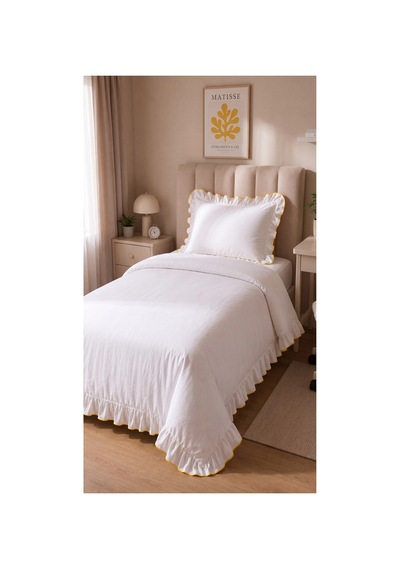 %100 Pamuk Overloklu Fırfırlı Tek Kişilik Nevresim Takımı Lastikli Çarşaflı 160x200 Cm Sarı - 904799828 Sarı