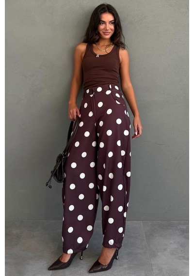 Madmext Kahverengi Puantiyeli Beli Lastikli Balon Kadın Pantolon Mg2886