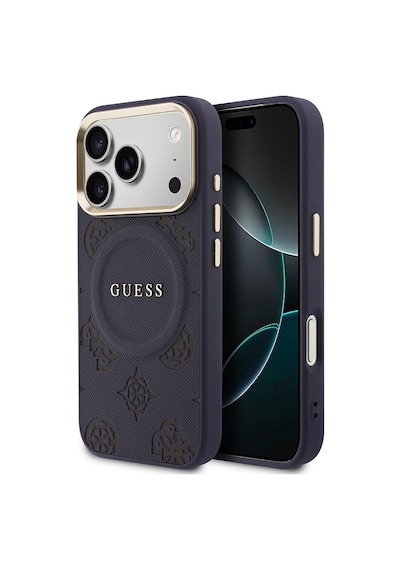 Apple Uyumlu iPhone 17 Pro Max Kılıf Guess Lisanslı M-safe Sıcak Baskılı Yazı Logolu Pu Deri Peony Kapak Lacivert