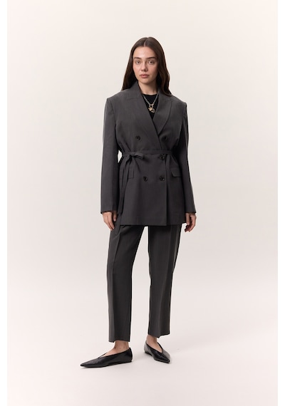 Manuka Tencel Kemerli Kruvaze Blazer Ceket Antrasit Antrasit
