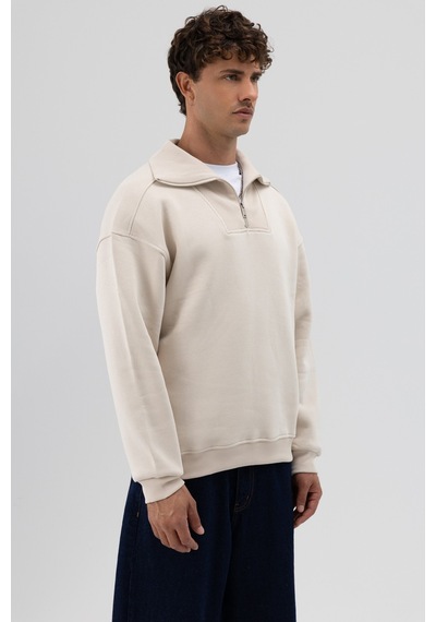Vamos Basic Fermuarlı Dik Yaka Sweatshirt Taş