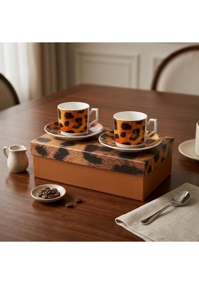 2'li Porselen Kahve Fincanı Takımı - 100 Cc Leopar Desenli Altın Yaldızlı Premium Türk Kahvesi Ve Espresso Fincan Diğer