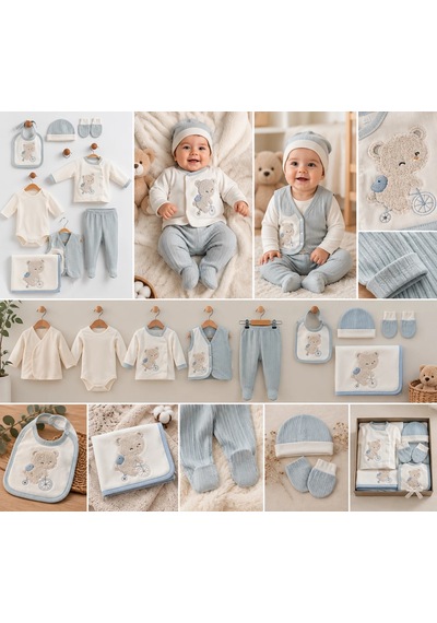 Eray Alp Kids Erkek Bebek Bisikletli Ayıcık Nakışlı 10'lu Hastane Çıkışı Bebek Takımı Mavi