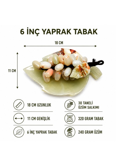 Doğal Oniks Taş Yaprak Tabak & 30 Taneli Üzüm Salkımı Feng Shui Dekor Objesi Bej