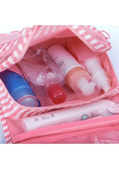Çok Fonksiyonlu Askılı Makyaj Çantası Pembe Line Desen Büyük Boy