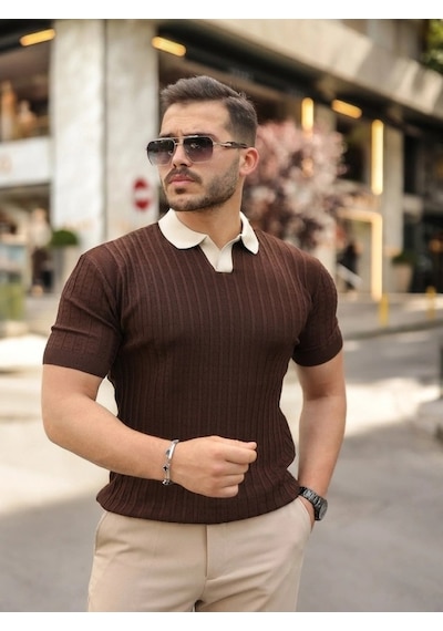 Valensdesign Erkek Yaka Detaylı Desen Dokulu Triko Tişört Kahverengi Valensdesign Erkek Yaka Detaylı Desen Dokulu Triko Tişört Kahverengi