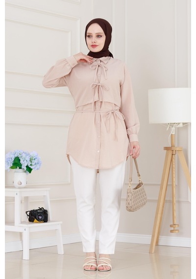 Sevitli Cepken Detaylı Bağlamalı Keten Tunik-bej-5114 Bej
