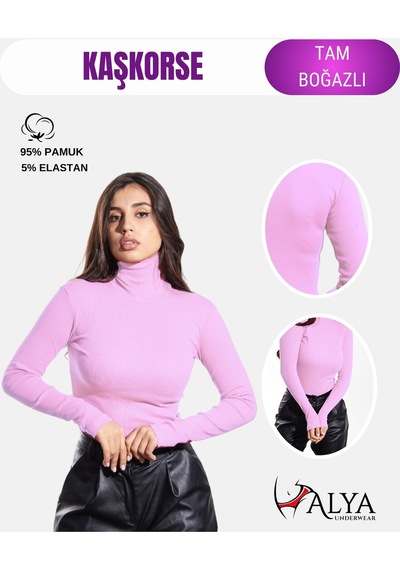 Alya Underwear Kaşkorse Tam Boğazlı Body Sweatshirt, Fitilli Kumaş, Likralı, Gül Kurusu LILA
