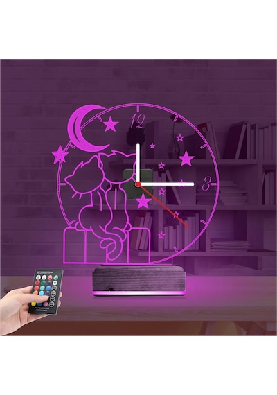 Luvivia Kedi Tasarım Çocuk Odası Saatli 3d Lamba - Masa Gece Lambası Şeffaf
