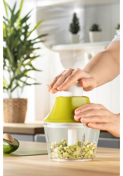 Flosoft Paslanmaz Çelik Bıçak Manuel Doğrayıcı Rondo, 3 Bıçaklı Üstten Basmalı El Robotu 700 Ml Yeşil