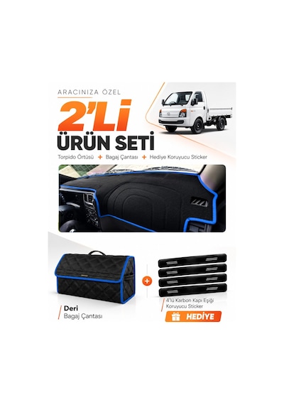 E-biz Hyundai H100 2020-2024 Uyumlu Torpido Örtüsü + Deri Bagaj Çantası Seti - Siyah-mavi - Hu023