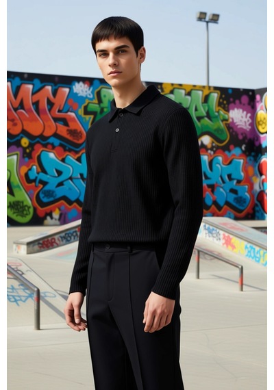 Benerly Erkek Polo Yaka Uzun Kol Relaxed Fit Pamuk Sweatshirt Fonksi siyah