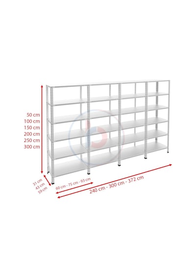 Raf Burada  6 Katlı 4'lü Galvaniz Çelik Raf - Depo, Arşiv, Kiler, Dosya, Market Rafı-31x93 cm-300 cm-0.70 mm