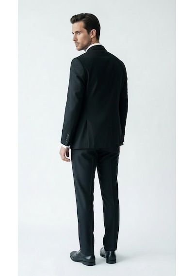 Erkek Klasik Slim Fit Armürlü Kumaş Tek Düğmeli Çift Yırtmaçlı Klasik Yaka Takım Elbise 7 Drop Siyah