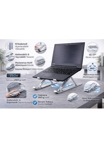 Alüminyum Ayarlanabilir Laptop Standı Ergonomik Notebook Yükseltici Soğutucu Katlanabilir