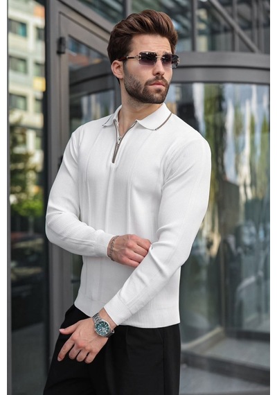 Madmext Beyaz Polo Yaka Yarım Fermuarlı Fitilli Erkek Triko Kazak E7515
