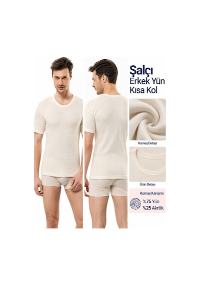 Şalcı Şalçı Safyün Erkek %75 Yün Uzun Don Ve Kısa Kol Fanila İçlik Set - 1 Set Ekru