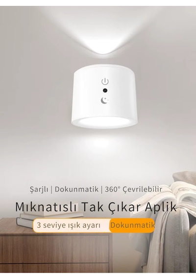 Uzaktan Kumandalı Çift Led Aplik Şarjlı Kablosuz 360 Dönen 3 Renk Işıklı Gece Lambası Siyah Kasa Çok Renkli