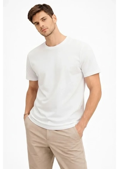 Vexor Erkek Bisiklet Yaka Tişört Regular Kalıp Basic Pamuklu Günlük Kullanım T-shirt - Beyaz