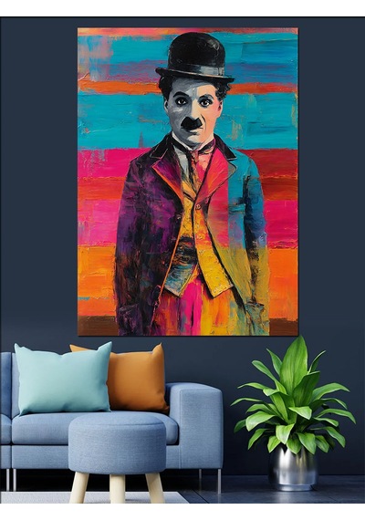Ahşap Tablo Renkli Charlie Chaplin Portresi